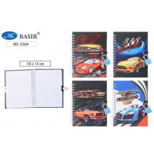 Блокнот детский+замочек МАШИНЫ яркая, цветная обложка 7-БЦ, двойная евроспираль МС-5364