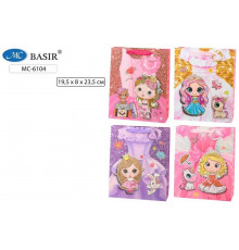 Подарочный пакет ПРИНЦЕССЫ плотный, цветной с рисунком, объёмная аппликация с блёстками МС-6104