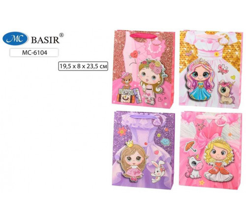 Подарочный пакет ПРИНЦЕССЫ плотный, цветной с рисунком, объёмная аппликация с блёстками МС-6104