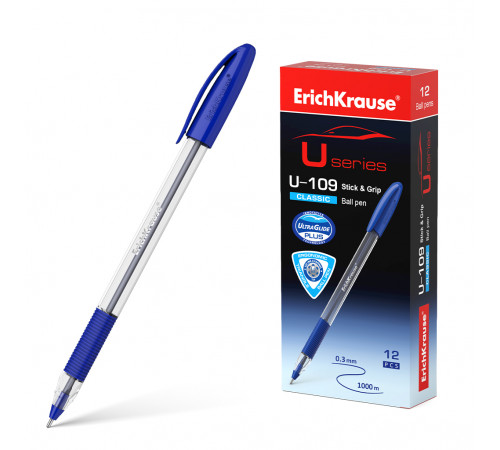 Ручка шариковая ErichKrause U-109 Stick&Grip Classic 1.0, Ultra Glide Technology, цвет чернил синий (в коробке по 12 шт.) 53742