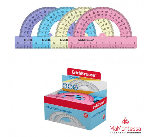 Транспортир пластиковый ErichKrause Pastel, 180°/10см, ассорти,57900