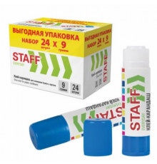 Клей-карандаш 9 г, ВЫГОДНАЯ УПАКОВКА, КОМПЛЕКТ 24 ШТУКИ, STAFF EVERYDAY, 273016