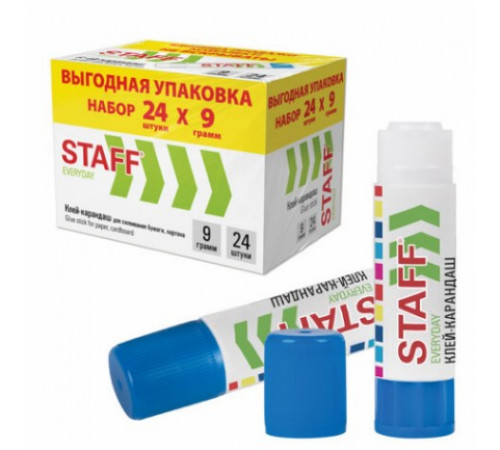 Клей-карандаш 9 г, ВЫГОДНАЯ УПАКОВКА, КОМПЛЕКТ 24 ШТУКИ, STAFF EVERYDAY, 273016