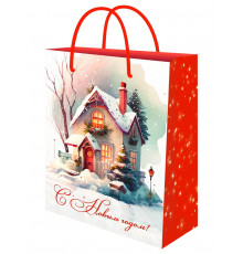 Пр.п.Optima Пакет подарочный с глянц.лам. 18х23х8 см (M)  Зимний домик, 128г ППК-2312