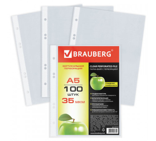 Папки-файлы МАЛОГО ФОРМАТА (148х210 мм), А5, ВЕРТИКАЛЬНЫЕ, КОМПЛЕКТ 100 шт., 35 мкм, BRAUBERG, 221714