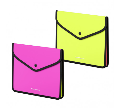 Папка-конверт на кнопке пластиковая ErichKrause® Matt Neon, обшитая, с текстильной вставкой, A5+, непрозрачный, ассорти (в пакете по 4 шт.)