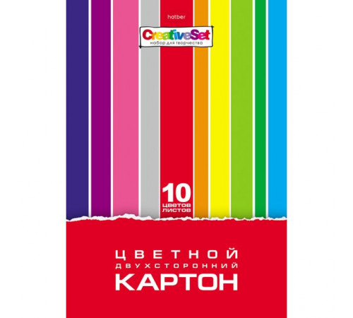 Картон цветной А4 2-сторонний МЕЛОВАННЫЙ, 10л. 10цв, папка, HATBER, 195х280мм, Creative, 10Кц4_05934