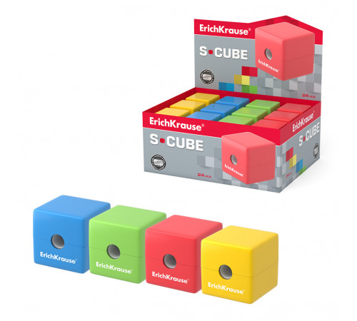 Точилка пластиковая ErichKrause S-Cube, Neon, с контейнером, ассорти (в коробке-дисплее по 24 шт) 50141