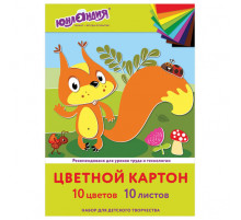 Картон цветной А4 немелованный, 10 листов 10 цветов, в папке, Юнландия, 200х290мм, Бельчонок, 113555