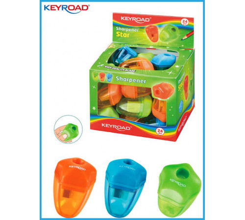 Точилка KEYROAD Star пластик 1 отверстие, с контейнером, ассорти, 24 шт в дисплее, KR970972