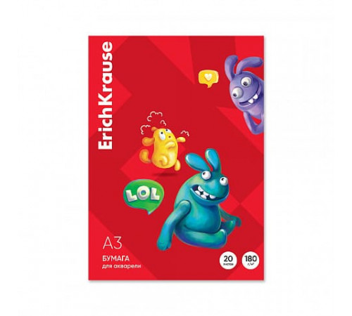 Бумага для акварели в картонной папке ErichKrause Jolly Friends, А3, 20 листов 61653