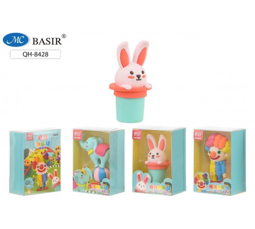 QH-8428,Ластик-игрушка,конструктор,-ЦИРК-выполнен в форме клоуна,слона,зайца,размер 8,0-6см,в пластиковой упаковке с европодвесом ,10,5*7,5см