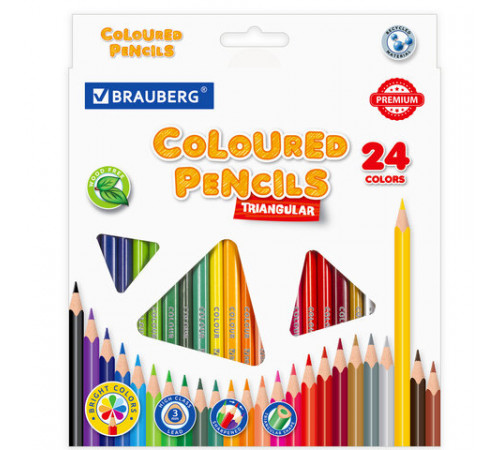 Карандаши цветные BRAUBERG PREMIUM, 24 цвета, трехгранные, грифель 3 мм, 181663