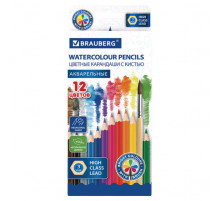 Карандаши цветные акварельные BRAUBERG 12 цветов с КИСТЬЮ, шестигранные, грифель 3 мм, натуральное дерево, 181848