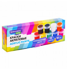 Краски акриловые для рисования и творчества 12 цветов по 10 мл, BRAUBERG HOBBY, 192433