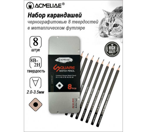 Набор квадратных чернографитных карандашей ACMELIAE 8 твердостей (2H,H,HB,B,2B,4B,6B,8B) в металле, 43003
