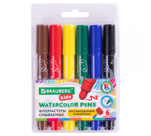 Фломастеры смываемые детские, противоударный наконечник, 6 цветов, BRAUBERG KIDS, ПВХ-упаковка с европодвесом, 152178
