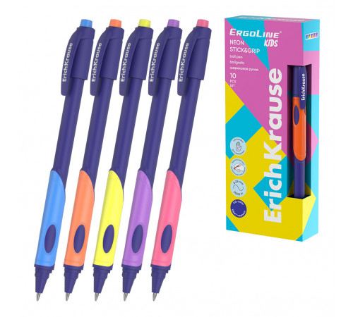Ручка шариковая ErichKrause ErgoLine® Kids для левшей Stick&Grip Neon 0.5, Super Glide Technology, цвет чернил синий (в коробке по 10 шт.) 63116