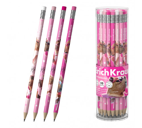 Чернографитный карандаш пластиковый ErichKrause CapyBarbara, круглый, с ластиком, НВ (в тубусе по 42 шт.) 62771