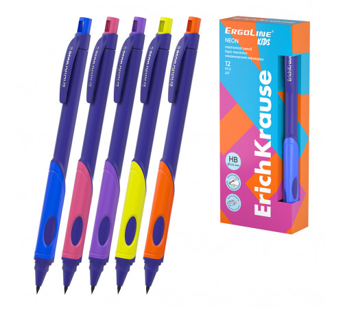 Карандаш механический ErichKrause ErgoLine® Kids Neon 2.0 мм, с точилкой, НВ (в коробке по 12 шт.) 63332