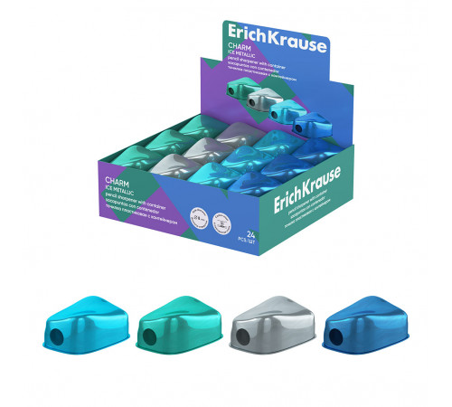 Точилка пластиковая ErichKrause Charm, Ice Metallic, с контейнером, ассорти (в коробке-дисплее по 24 шт) 60032
