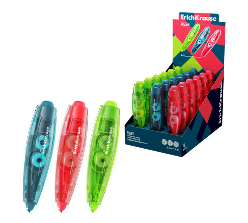 Корректирующая лента ErichKrause Spin Reef, с автоматической фиксацией аппликатора, 5мм х 6м, ассорти (в дисплее по 18 шт.) 63173