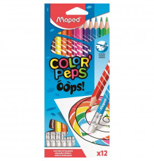 Цветные карандаши стираемые трёхгарнные Maped Color Peps Oops с ластиком, пластик, европодвес, 12 цв., 832812