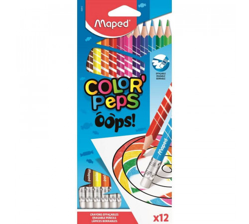Цветные карандаши стираемые трёхгарнные Maped Color Peps Oops с ластиком, пластик, европодвес, 12 цв., 832812