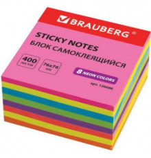 Блок самоклеящийся (стикеры) BRAUBERG НЕОНОВЫЙ 76х76мм, 400 листов, 8 цветов, 126686