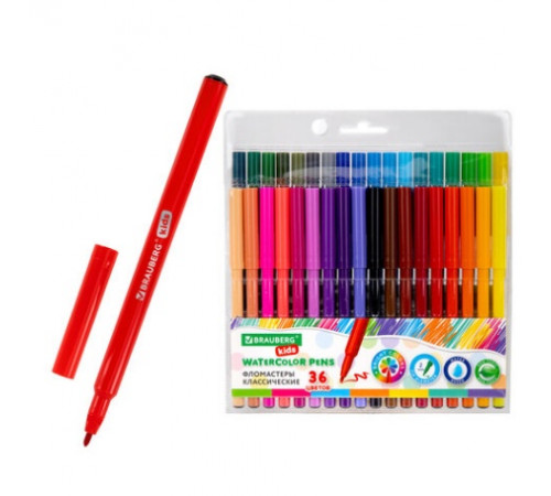 Фломастеры BRAUBERG KIDS КЛАССИЧЕСКИЕ 36 цветов, вентилируемый колпачок, ПВХ-упаковка, 152603