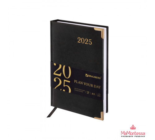 Ежедневник датированный 2025 А5 138х213мм BRAUBERG Senator, под кожу, чёрный, 115817