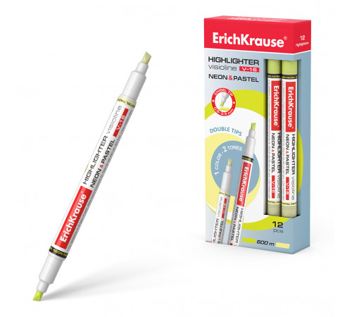 Двухсторонний текстмаркер  ErichKrause Visioline V-16 Neon+Pastel, цвет чернил желтый (в коробке по 12 шт.)56015