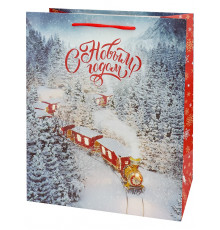 Dream cards Пакет подар. с мат.лам. и глит. 26,4х32,7х13,6 см (L) Зимний поезд, 190г ППК-2341