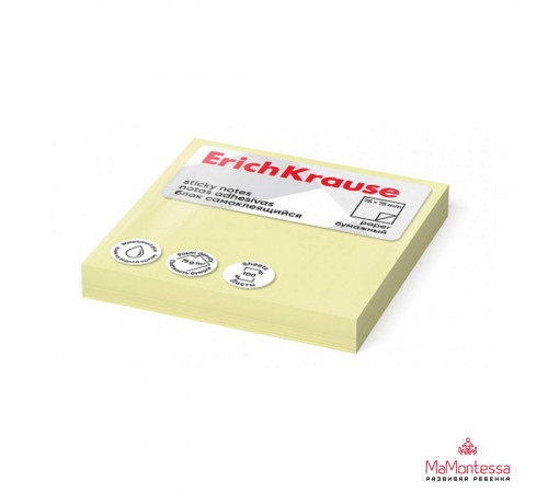 Блок самоклеящийся бумажный ErichKrause 75х75 мм, 100 листов, желтый,61647