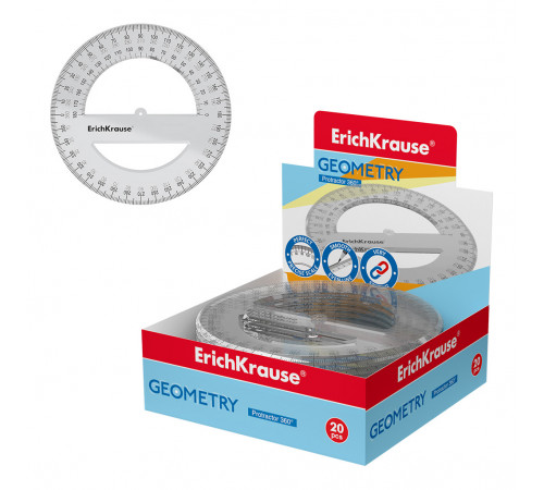 Транспортир пластиковый ErichKrause Clear, 360°/12см, прозрачный, во флоупаке,49554