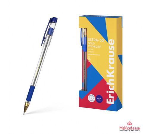 Ручка шариковая ErichKrause ULTRA-30 Gold Stick&Grip Classic 0.7, Super Glide Technology, цвет чернил синий (в коробке по 12 шт.)61109