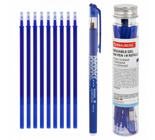 Ручка стираемая гелевая + 9 стержней в ПЛАСТИКОВОЙ ТУБЕ, СИНЯЯ, игольчатый наконечник 0,5 мм, линия 0,35 мм, BRAUBERG, 144093