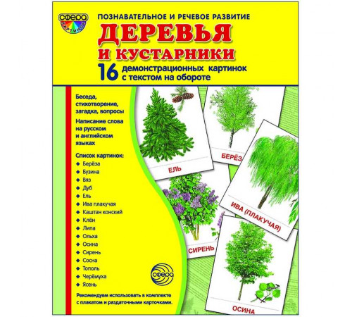 Дем. картинки СУПЕР Деревья и кустарники. 16 демонстр. картинок с текстом на обороте (учебно-методическое пособие с комплектом демонстрационного материала - 173х220 мм, познавательное и речевое развитие)