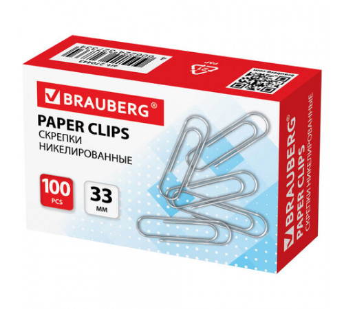 Скрепки BRAUBERG, 33 мм, никелированные, 100 шт., в картонной коробке, 270443