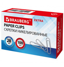 Скрепки EXTRA BRAUBERG 28 мм никелированные 100 штук, 271312