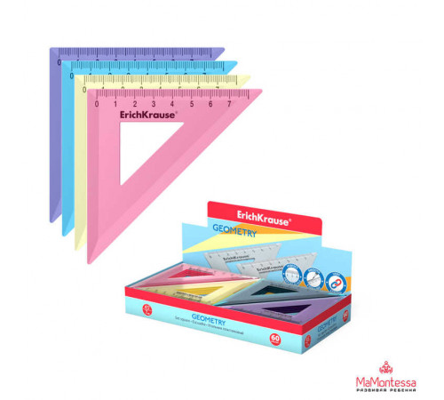 Угольник пластиковый ErichKrause Pastel, 45°/7см, ассорти (в коробке-дисплее по 60 шт)57873