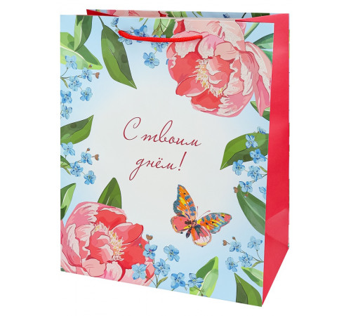 Dreamcards Пакет подар. с мат.лам. и глит.26,4х32,7х13,6см(L)Цветы и бабочка, 190г ППК-2765